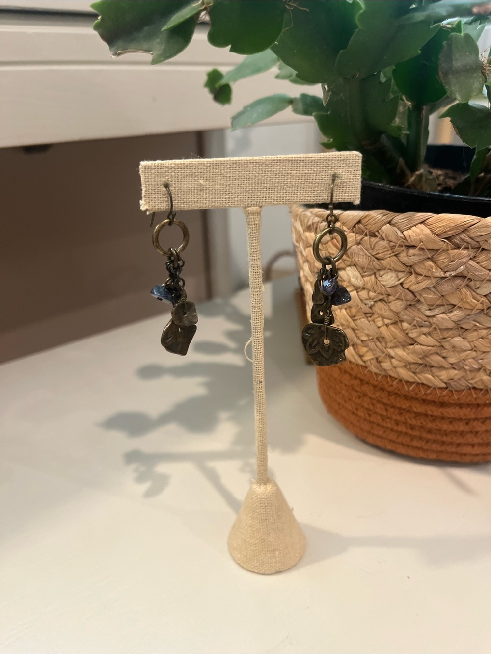Artisan Antique Bronze Drop Earrings with Dark Blue Stone and Purple Bead Accent